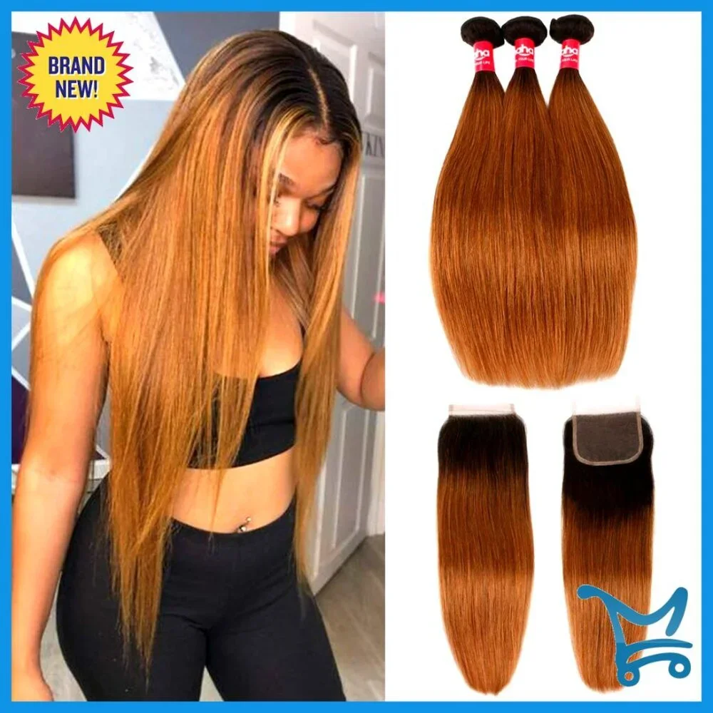Brazilian Straight Human Hair Weave 3 Bundles with Lace Closure 14-26in